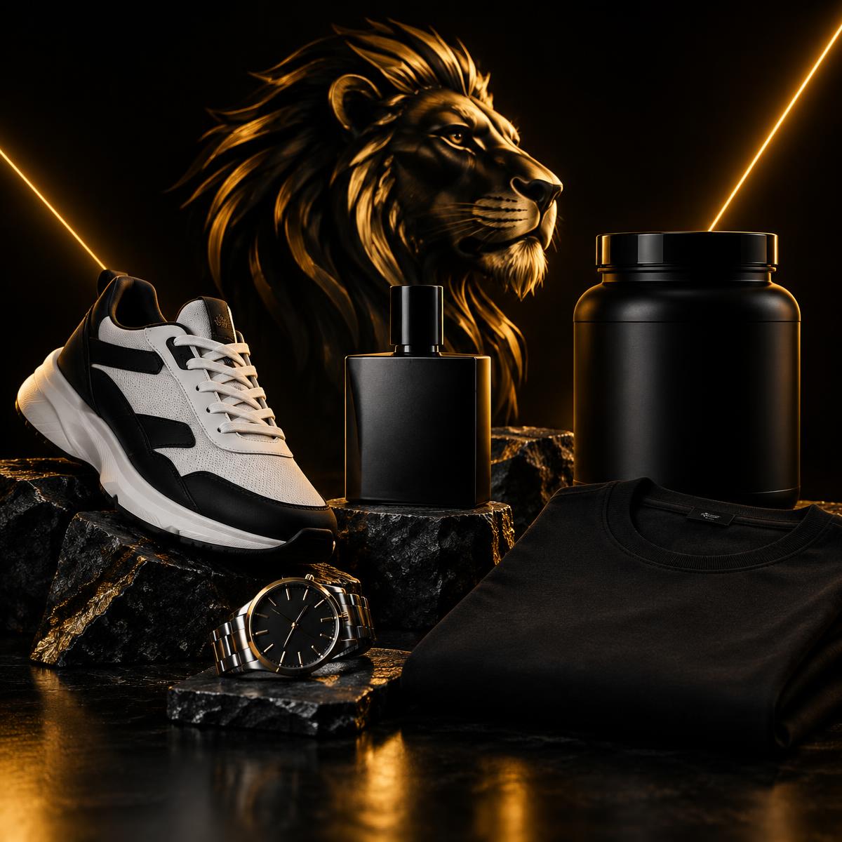 Tênis, perfume, relógio, camiseta e suplemento em composição premium